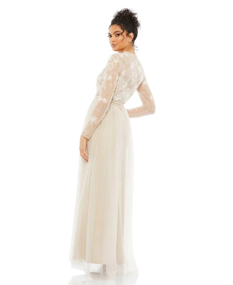 Women's Embellished Illusion High Neck Long Sleeve Gown