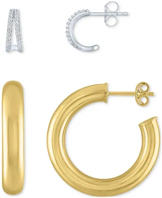 2-Pc. Set Diamond & Polished Small Hoop Earrings in Sterling Silver & 14k Gold-Plate - Sterling Silver  k Gold