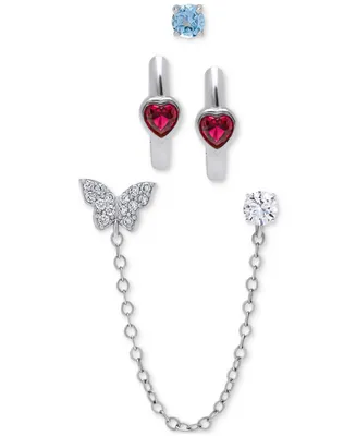 3-Pc. Set Multi-Stone Single Stud, Huggie Hoops, & Butterfly Chain Earrings (5/8 ct. t.w.) in Sterling Silver - Multi