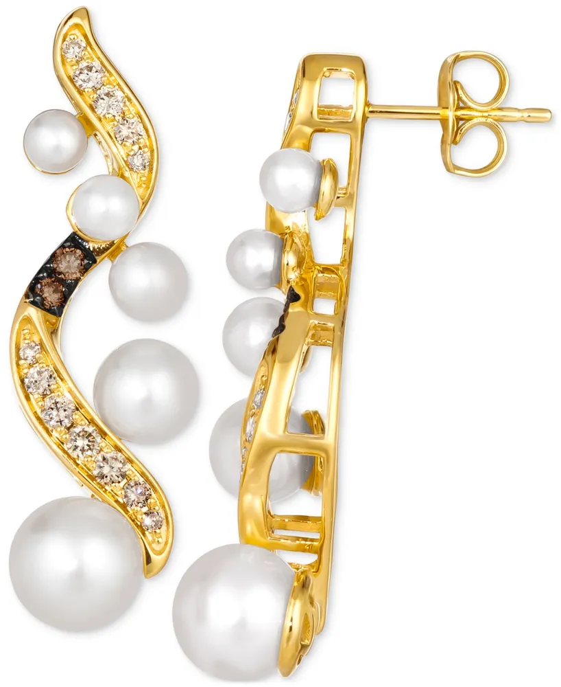 Le Vian Vanilla Pearls (3-7mm) & Diamond (3/8 ct. t.w.) Curvy Drop Earrings in 14k Gold