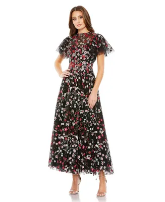 Women's Embellished Butterfly Tea Length A Line Dress