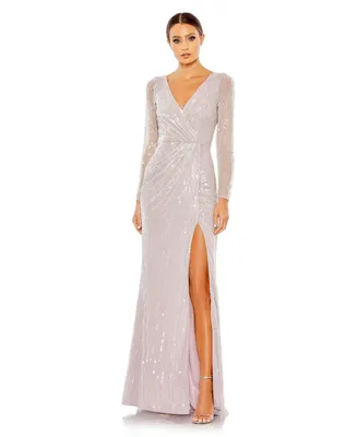 Women's Sequined Faux Wrap Long Sleeve Gown