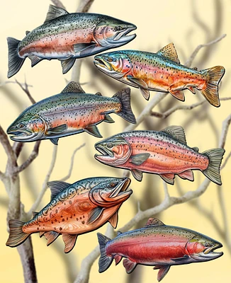 Designocracy Holiday Wooden Clip-On Ornaments Wild Salmon Tales Set of 6 G. DeBrekht