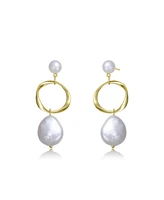 Genevive Elegant Sterling Silver 14K Gold Plating and Genuine Freshwater Pearl Hoop Earrings