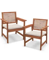 Costway Set of 2 Outdoor Dining Chair Patio Solid Wood Chairs with Comfortable Cushions