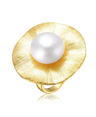 Genevive Sterling Silver 14K Gold Plated with Genuine Freshwater Pearl Floral Ring
