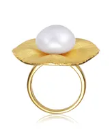 Genevive Sterling Silver 14K Gold Plated with Genuine Freshwater Pearl Floral Ring