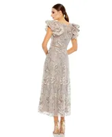 Women's Embellished Ruffled Cap Sleeve A Line Dress