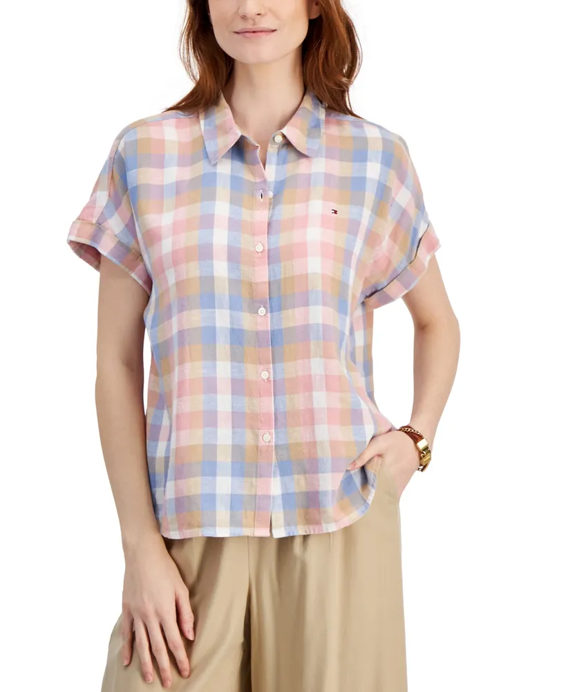 Tommy Hilfiger Women's Plaid Short Dolman-Sleeve Camp Shirt