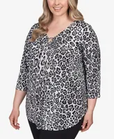 Ruby Rd. Plus Size Cheetah O-Ring Dew Drop Accent Top