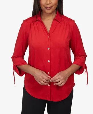 Alfred Dunner Petite Park Place Stretch Knit Faux Suede Button Up Top
