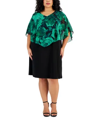 Connected Plus Size Printed Overlay V-Neck Sheath Dress