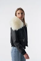 Furniq Uk Women's Detachable Natural Shearling Collar Bomber Jacket