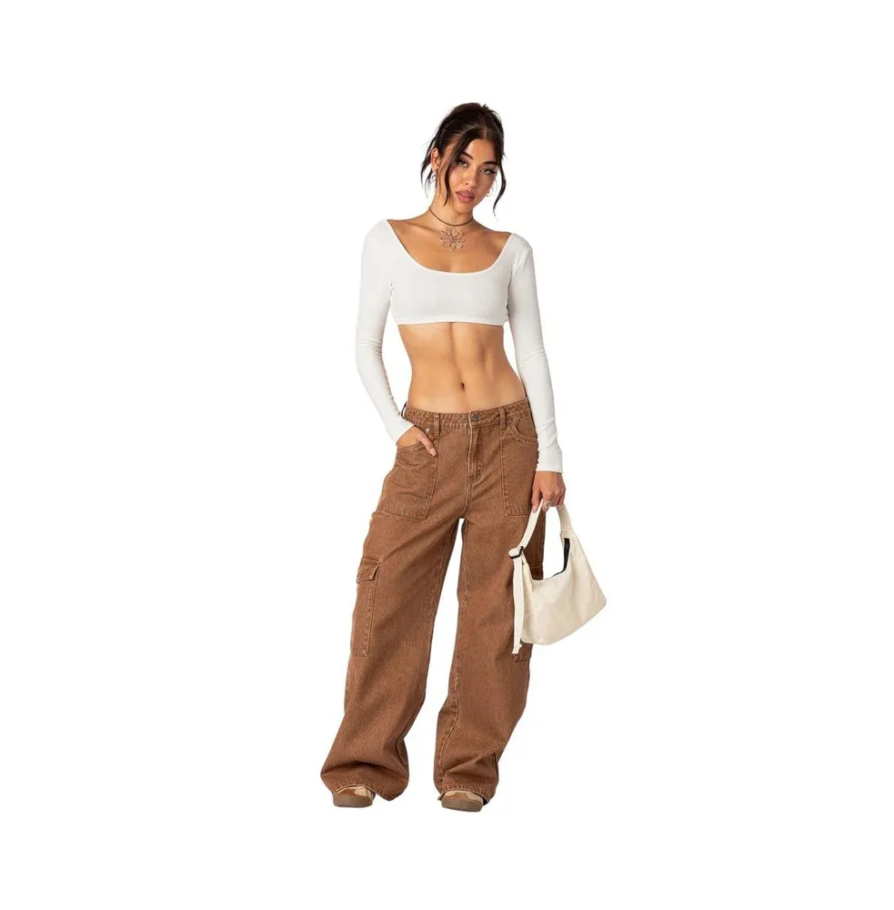 Women's Stone wash mid rise cargo pants - Brown