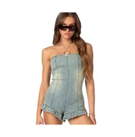 Women's Winnie washed denim romper - Blue