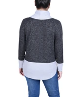 Ny Collection Petite Long Sleeve Cowl Neck Colorblocked Top