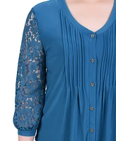 Ny Collection Petite 3/4 Lace-Sleeve Knit Top