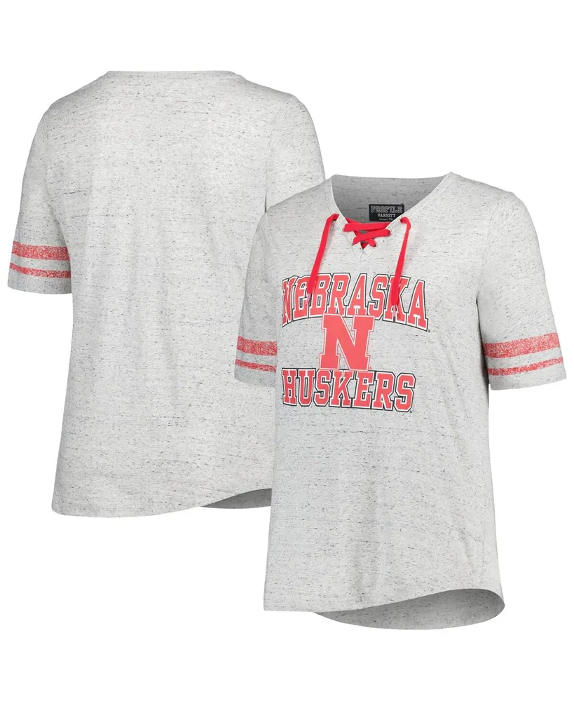 Women's Profile Heather Gray Distressed Nebraska Huskers Plus Striped Lace-Up T-shirt