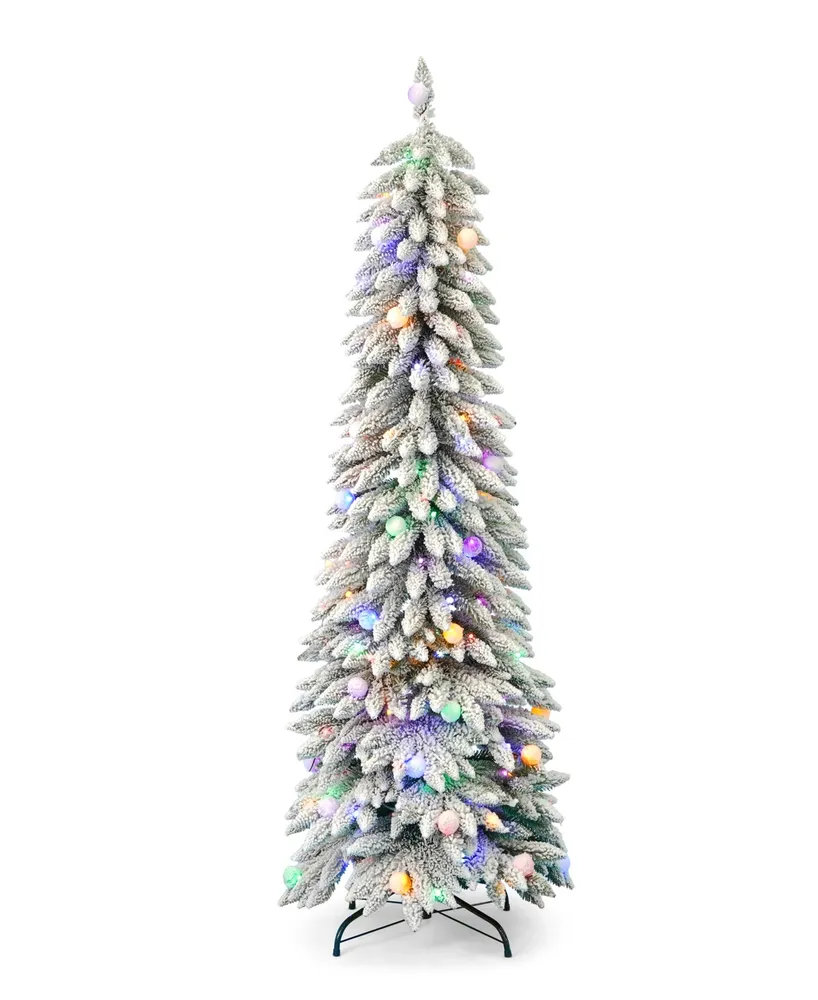 Seasonal Snow Kissed Pine 6' Pre-Lit Flocked Pvc Slim Tree with Metal Stand, 521 Tips, 200 Led Lights