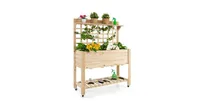 Wooden Raised Garden Bed with Wheels Trellis and Storage Shelf