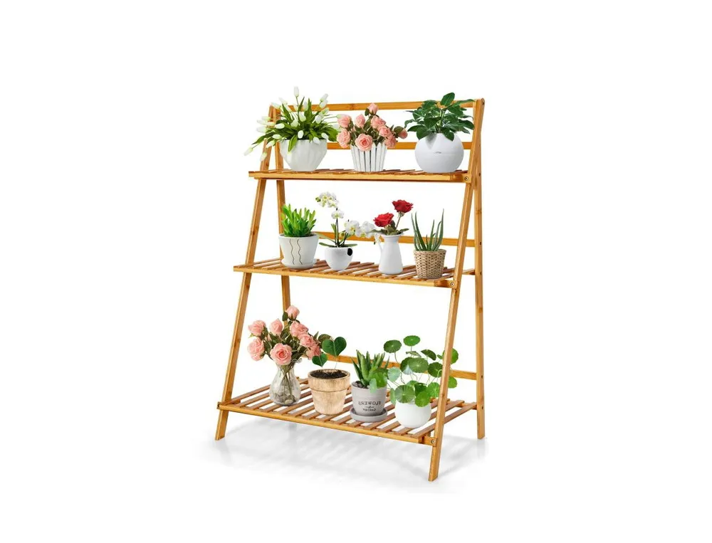 3-Tier Bamboo Foldable Plant Stand with Display Shelf Rack