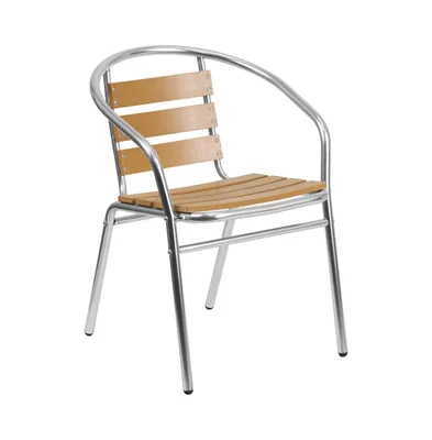 Emma+Oliver Aluminum Commercial Indoor-Outdoor Restaurant Stack Chair With Triple Slat Faux Teak Back