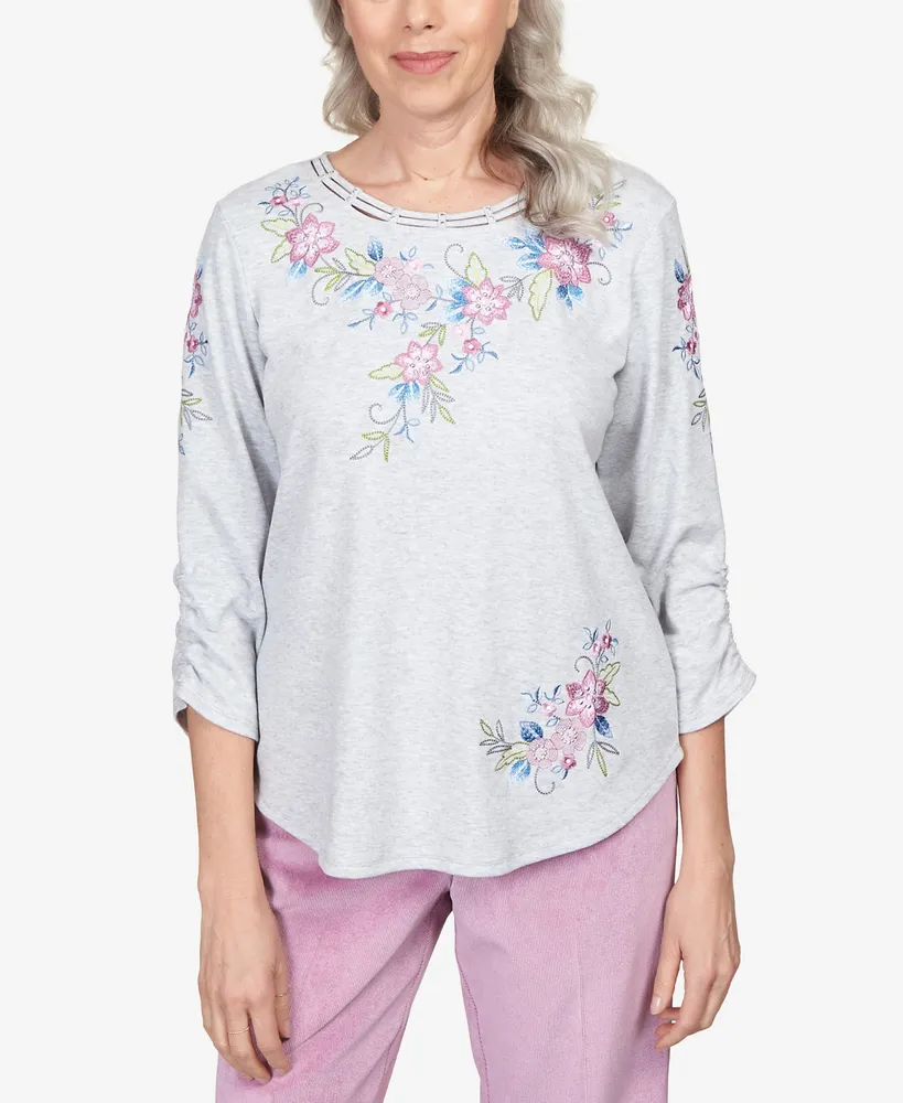 Alfred Dunner Petite Swiss Chalet Floral Yoke Embroidered Double Strap Top