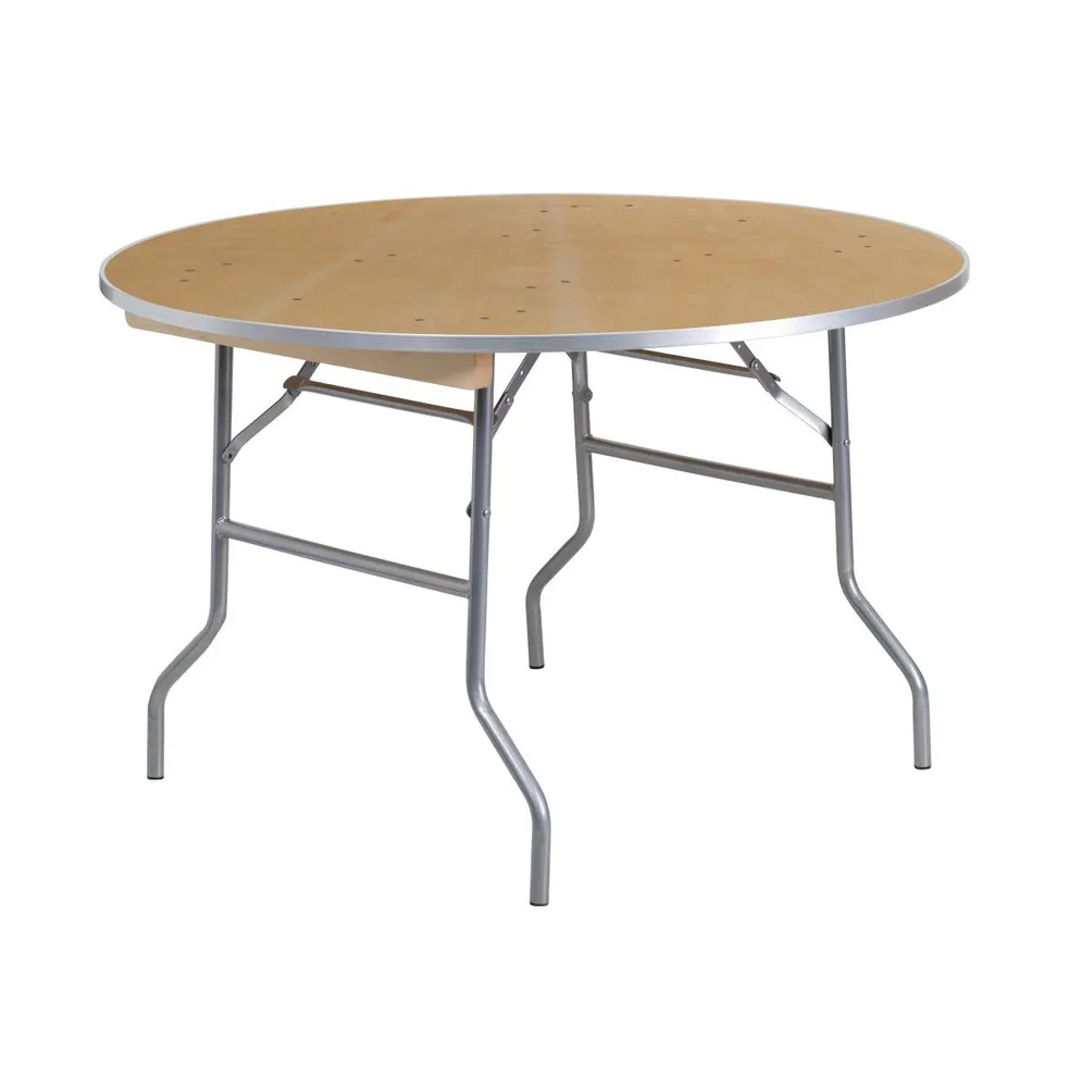 Emma+Oliver 4-Foot Round Heavy Duty Birchwood Folding Banquet Table With Metal Edges