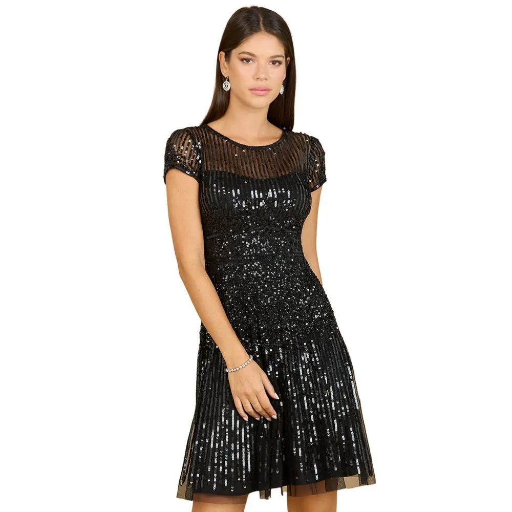 Lara Women's Cap Sleeve Sequin Short Dress Black