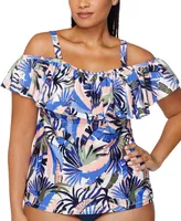 Raisins Curve Trendy Plus Size Tortuga Ruffled Off-The-Shoulder Tankini Top