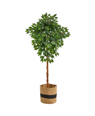 Nearly Natural 72" Artificial Ficus Tree with Handmade Jute Cotton Basket