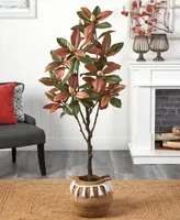 Nearly Natural 60" Artificial Fall Magnolia Tree with Handmade Jute Cotton Basket with Tassels