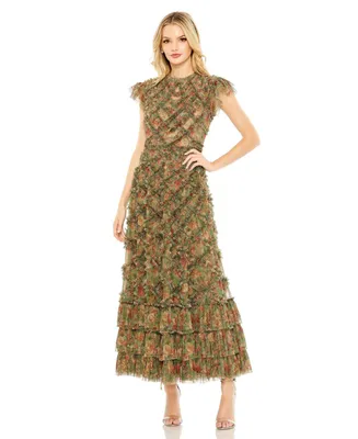 Women's High Neck Ruffle Cap Sleeve Floral Dress