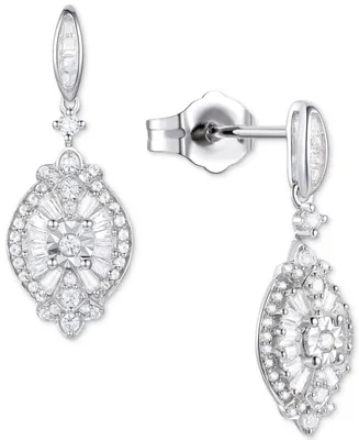Diamond Baguette & Round Cluster Drop Earrings (1/2 ct. t.w.) in Sterling Silver