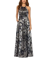 Betsy & Adam Petite Floral Halter-Neck Gown