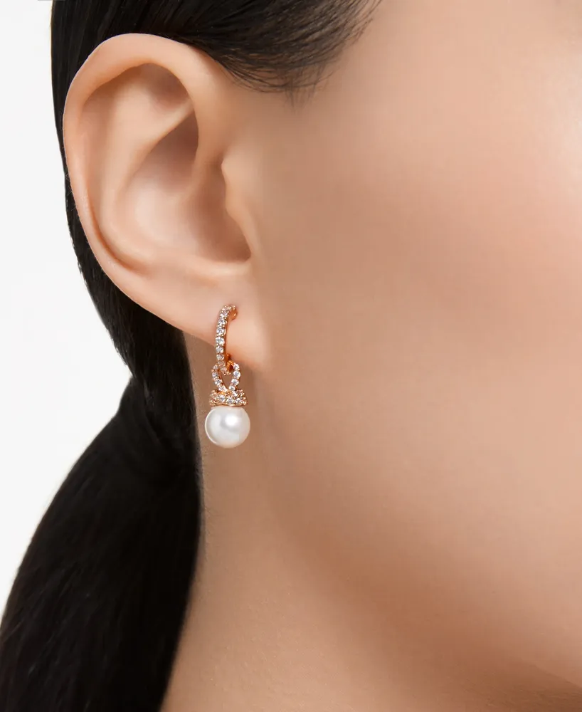 Swarovski Rose Gold-Tone Pave & Imitation Pearl Charm Hoop Earrings