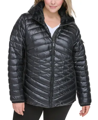 Calvin Klein Performance Plus Size Hooded Faux-Fur-Trim Quilted Coat