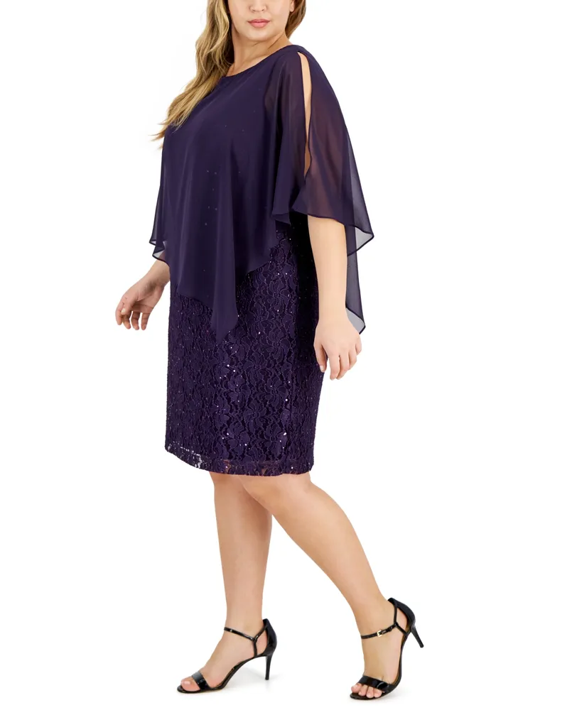 Connected Plus Sequined-Lace Cape-Overlay Dress