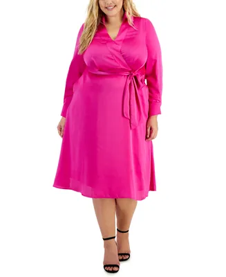 Tahari Asl Plus Size Collared V-Neck Side-Tie Midi Dress