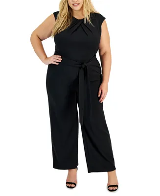 Tahari Asl Plus Size Pleated-Neck Belted Wide-Leg Jumpsuit