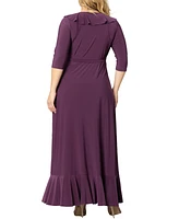 Kiyonna Plus Size Maritime Ruffle Maxi Dress with Sleeves