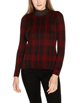 Belldini Women's Lurex Plaid Embellished-Neck Sweater