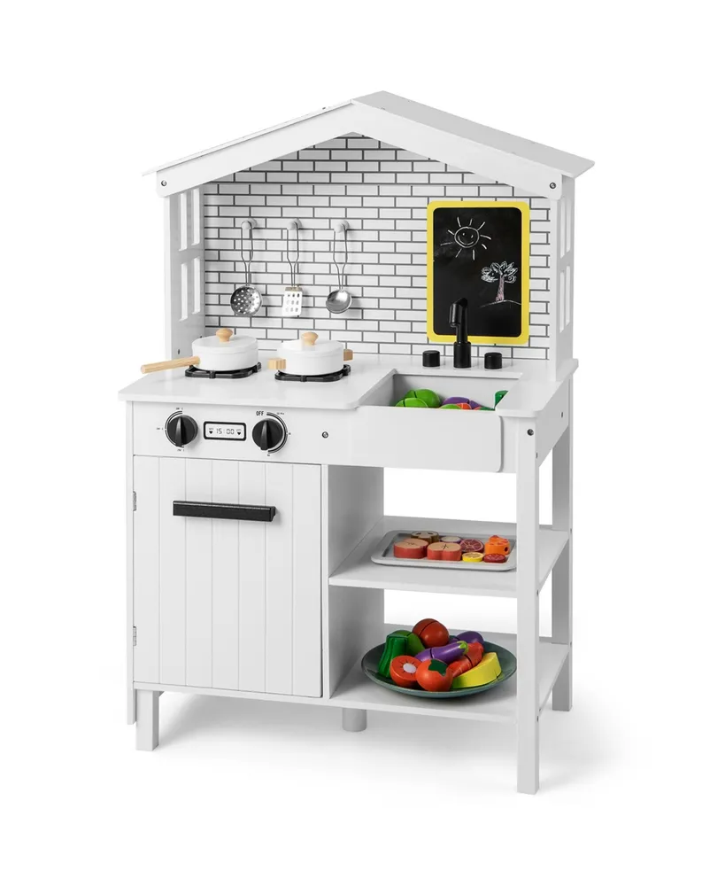 White Pretend Wooden Kitchen Playset for Kids and Children