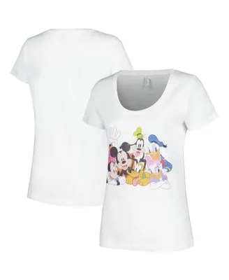 Women's Mad Engine White Distressed Mickey and Friends Group Scoop Neck T-shirt