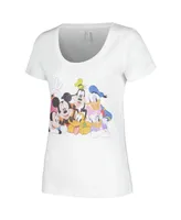 Women's Mad Engine White Distressed Mickey and Friends Group Scoop Neck T-shirt