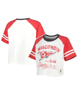 Women's Pressbox White Distressed Wisconsin Badgers Melange Beaumont Cropped Raglan T-shirt