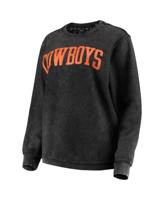 Women's Pressbox Black Distressed Oklahoma State Cowboys Comfy Cord Vintage-Like Wash Basic Arch Pullover Sweatshirt