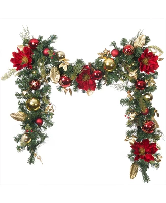Village Lighting Company 9' Artificial Christmas Garland with Lights, Golden-Tone Leaf Red Magnolia