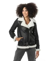 Furniq Uk Women's Shearling Belted Biker Jacket