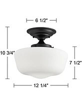 Regency Hill Floating Rustic Farmhouse Ceiling Light Semi Flush-Mount Fixture 12 1/4" Wide Black Opal White Glass Shade for Bedroom Kitchen Living Roo